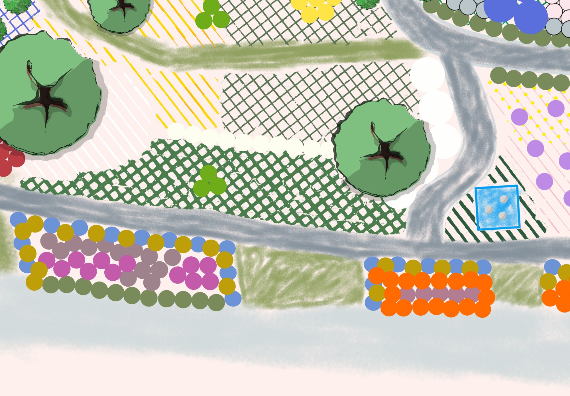 Hand-drawn design rendering of the front-yard garden: a planting plan showing specimen trees, mixed pollinator borders, hatched beds, stone paths, and a pondless water feature