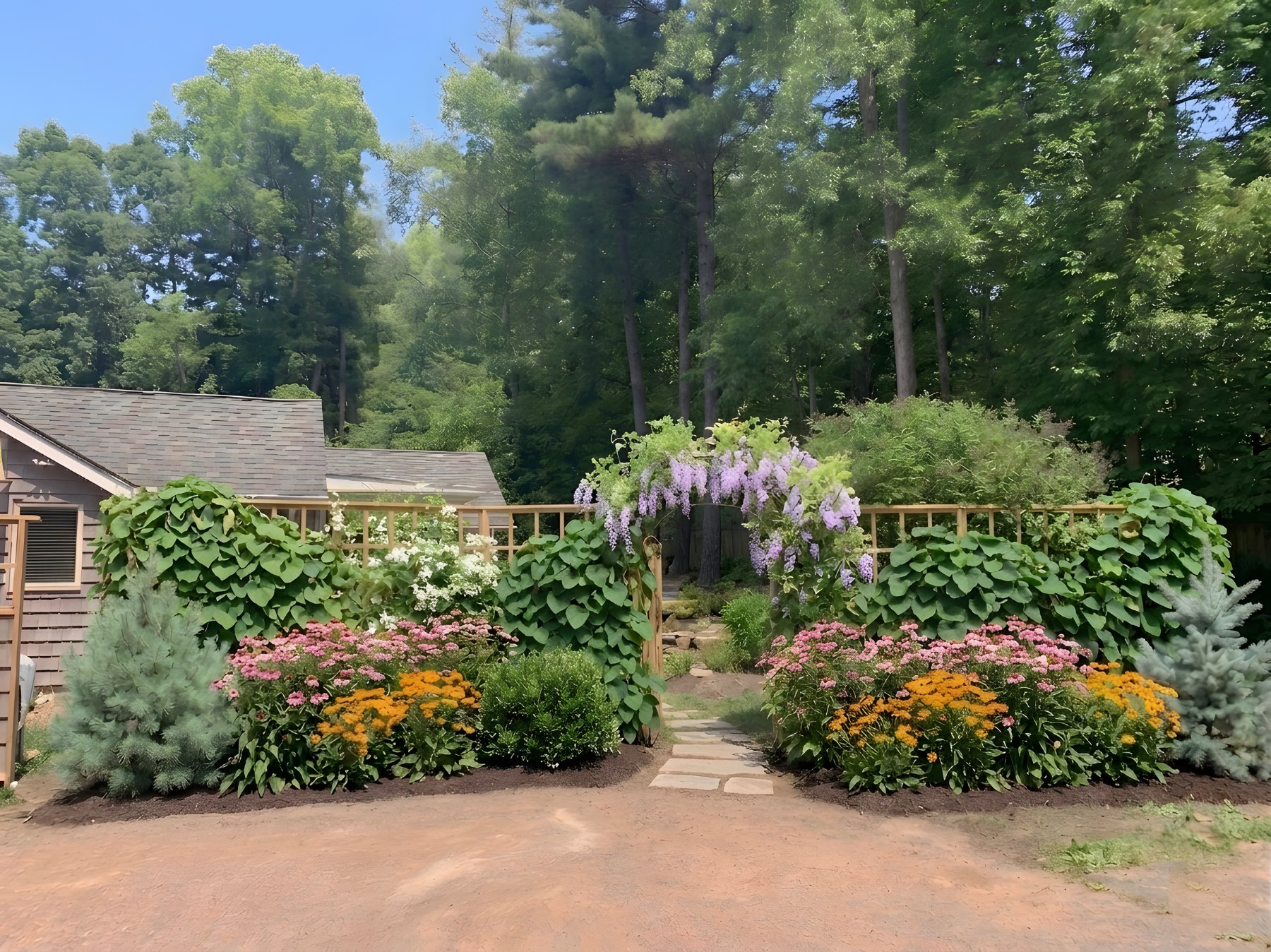 Planting plan rendering for a Simsbury garden: wisteria-draped arbor gate flanked by pink and gold yarrow borders, with a flagstone path leading into a woodland-edge backyard